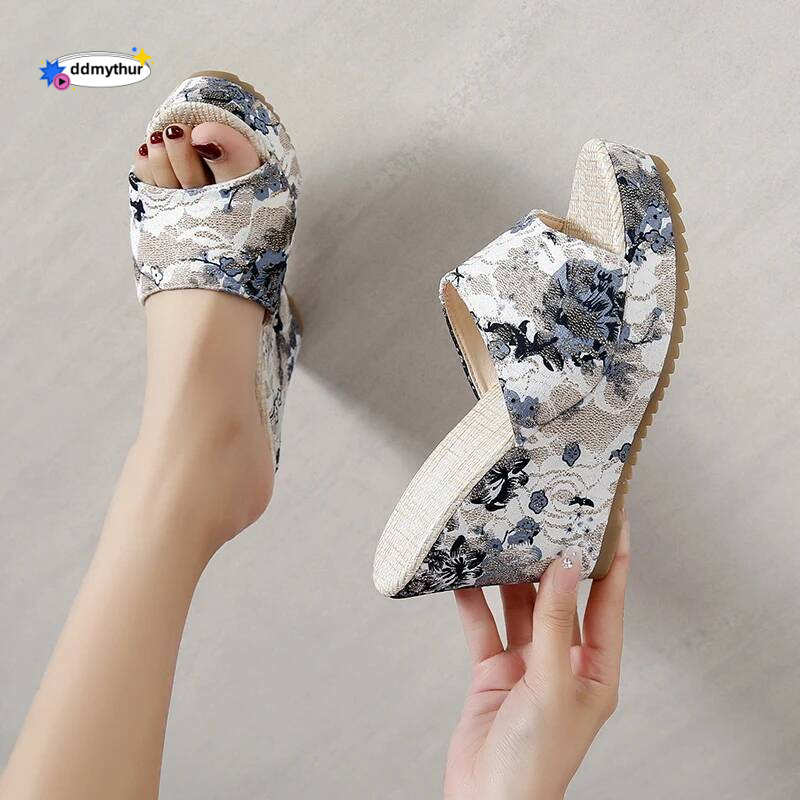 Women Fashion Shoes Casual Flip Flops Summer Vintage Floral Print Peep Toe Wedge Slippers Zapatos De Mujer ddmythur