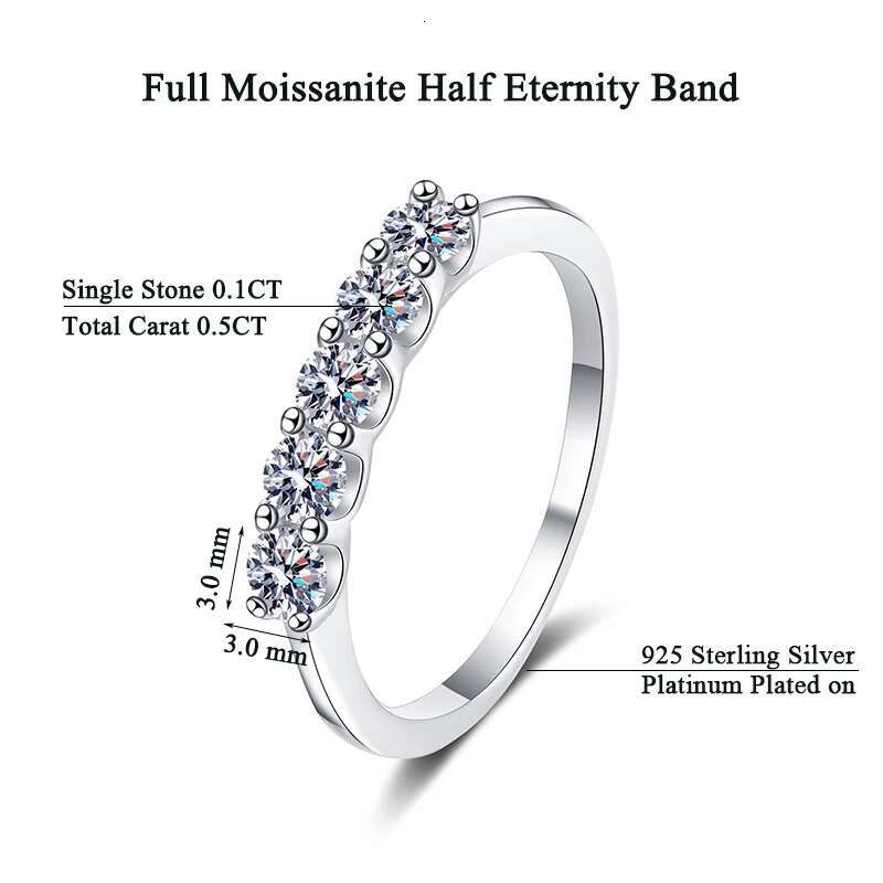 3MM Sterling Silver 0.5CT Moissanite Half Eternity Wedding Band Ring For Women 5 Stone Round Brilliant Cut Engagement Ring Set