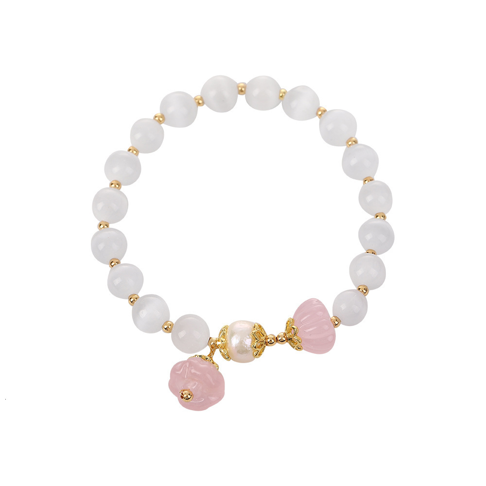 Chinese Ins Sakura Pink Pendant with a Unique Design, Crystal White Cat Eye Lotus Pong Women's Bracelet
