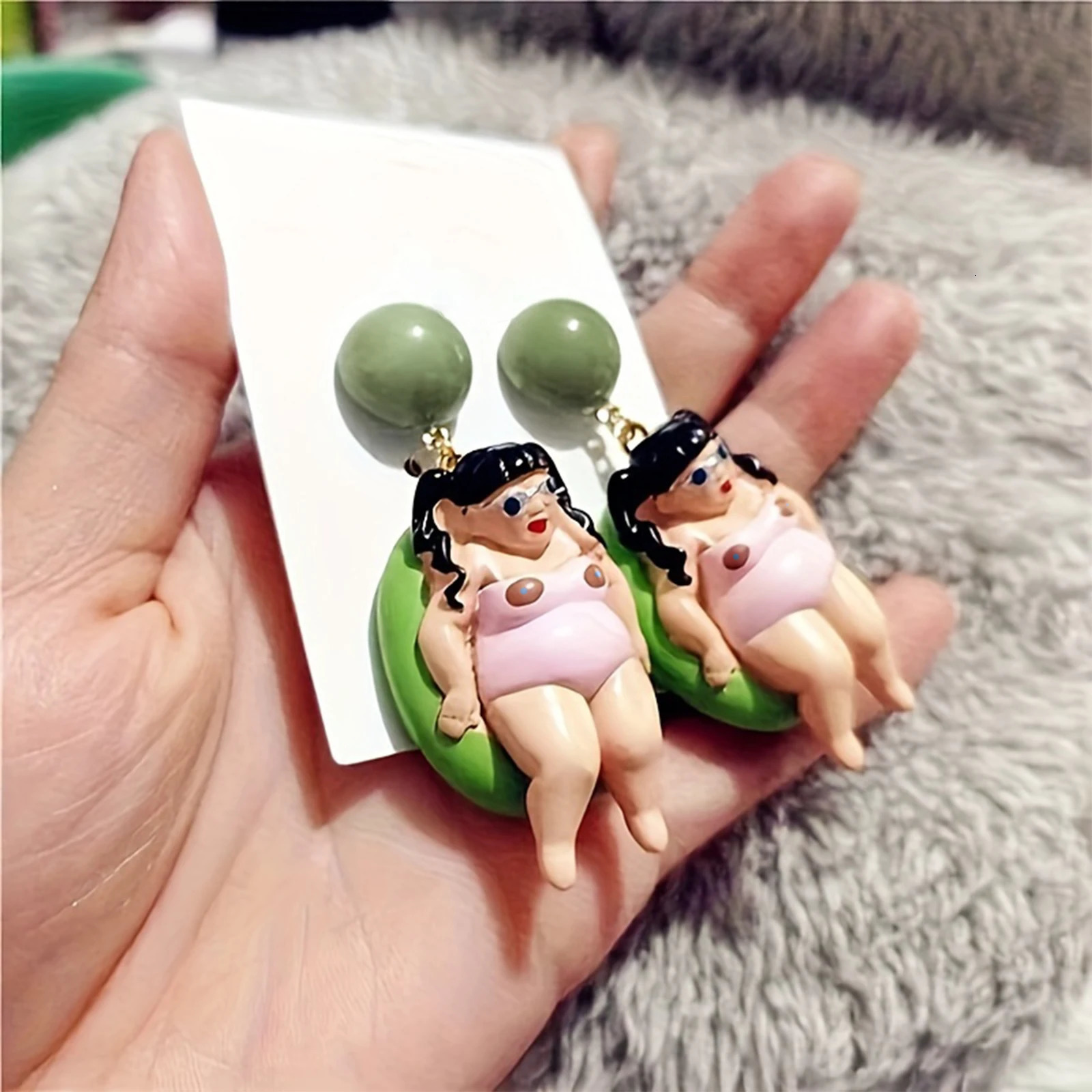 A Pair of Cartoon Exaggerated and Funny Chubby Girls naomi watanabe with Swimming Ring Earrings 250520