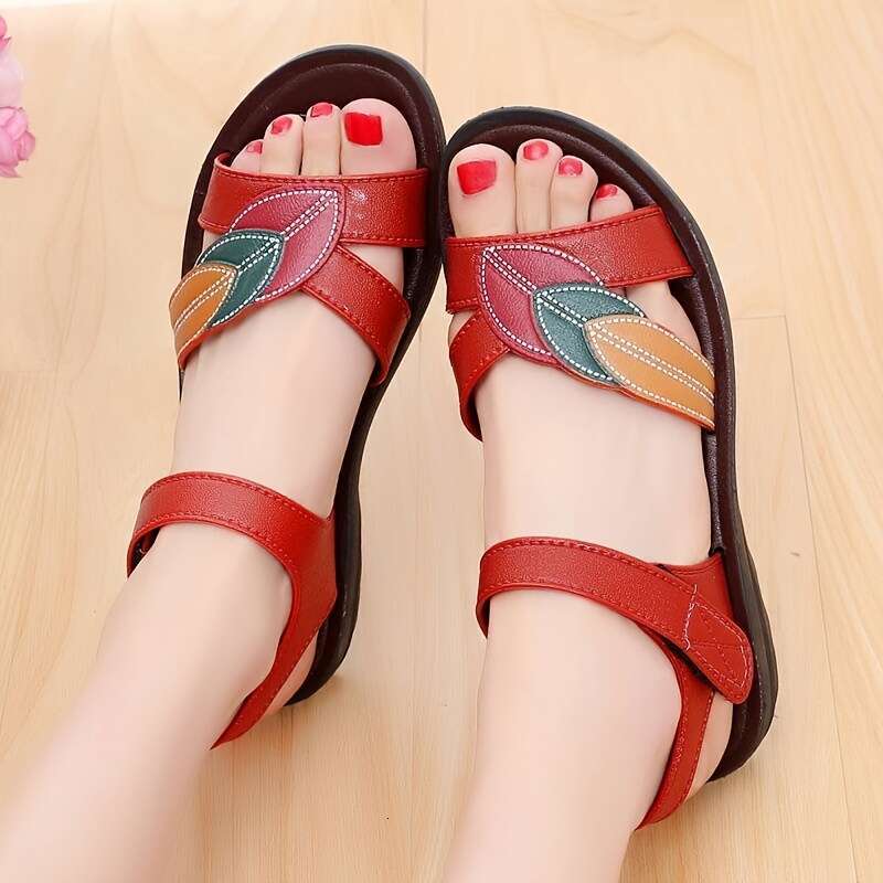 Stylish Floral Open-Toe Flats: Women's Comfy Summer Sandals with Secure Ankle Strap and Easy Hook-and-Loop Closure