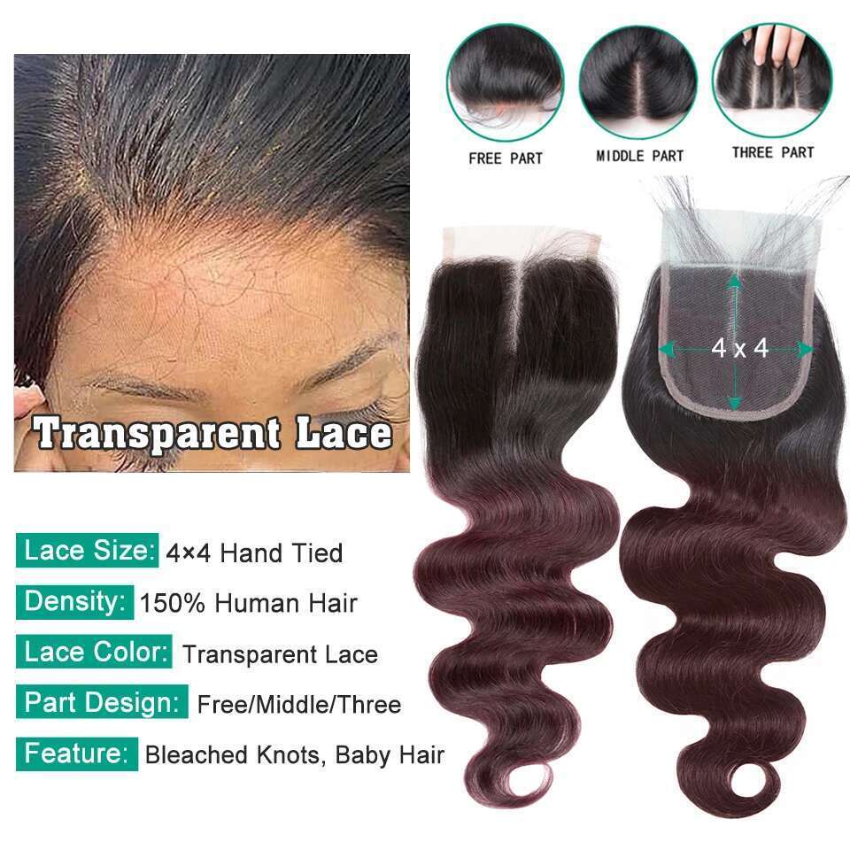 1B 99J Body Wave Free Part Brazilian Human Ombre Bury Hair Bundles With Transparent Lace Closure