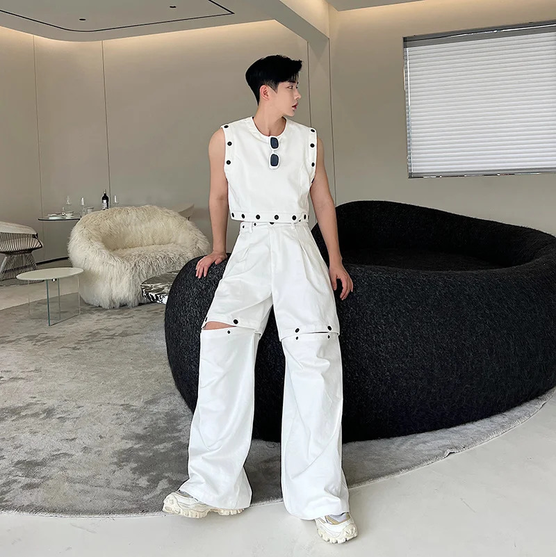 Summer Rivet Sleeveless Vests Mens Detachable Wide-Leg Pants 2PCs Trendy Handsome Male Waistcoat Two-Piece Set 250519