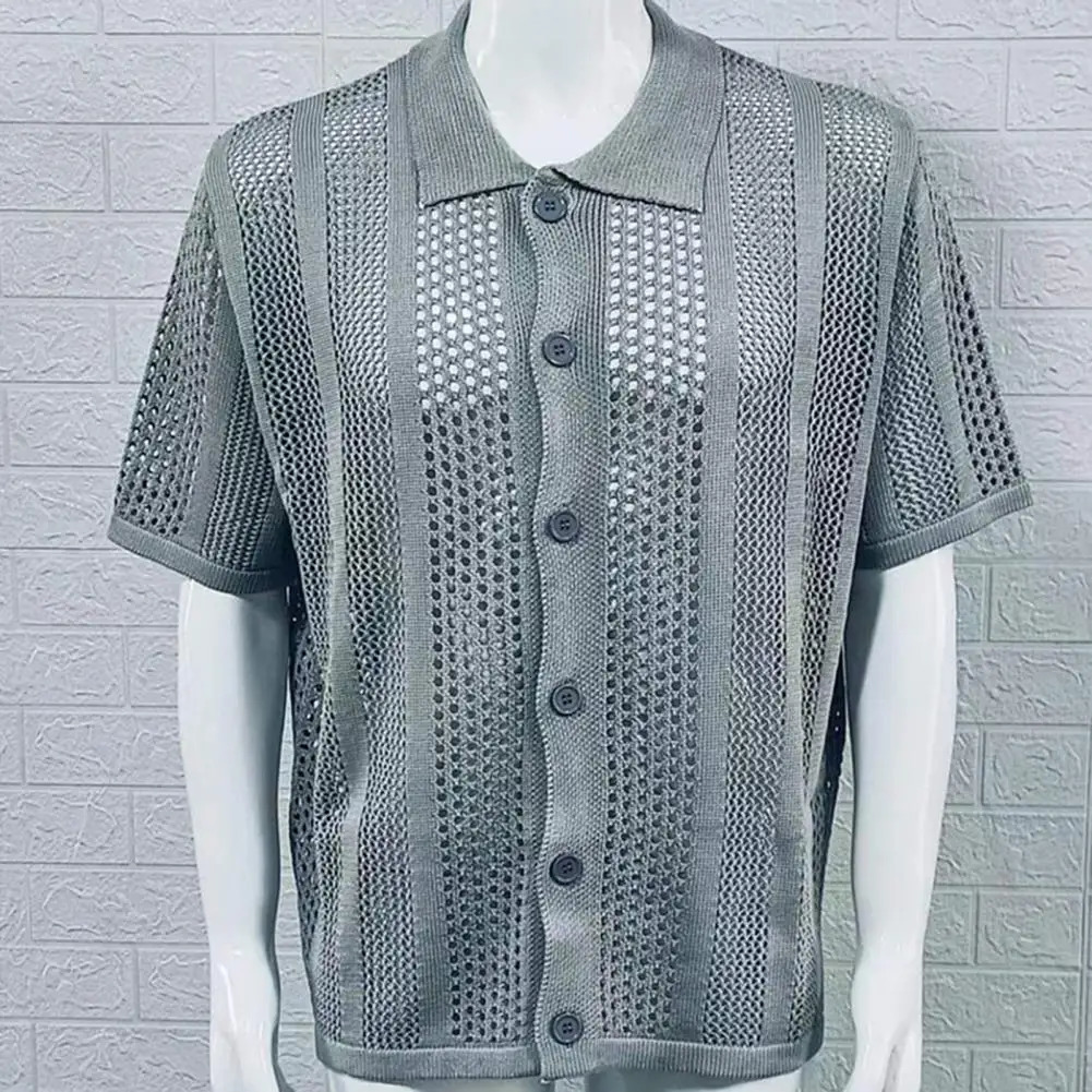 Summer Thin Knit Men s Shirt With Short Sleeves And Hollowed Out Cardigans European American Muscle Clothing Top 250520