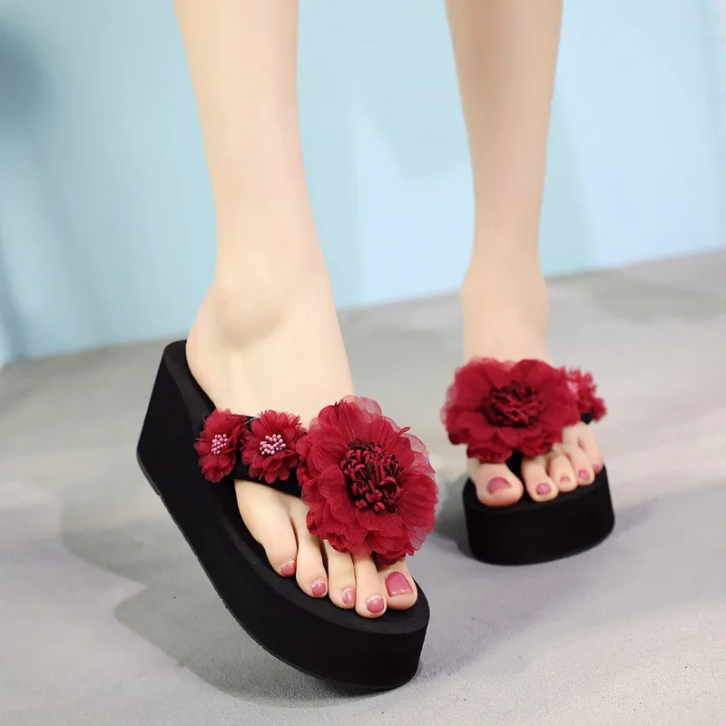 Women Casual Flowers Slippers Summer Beach Platform Slippers Fashion Outside Flip Flop Bohemian Style Thick Sole Wedge Sandals 250519