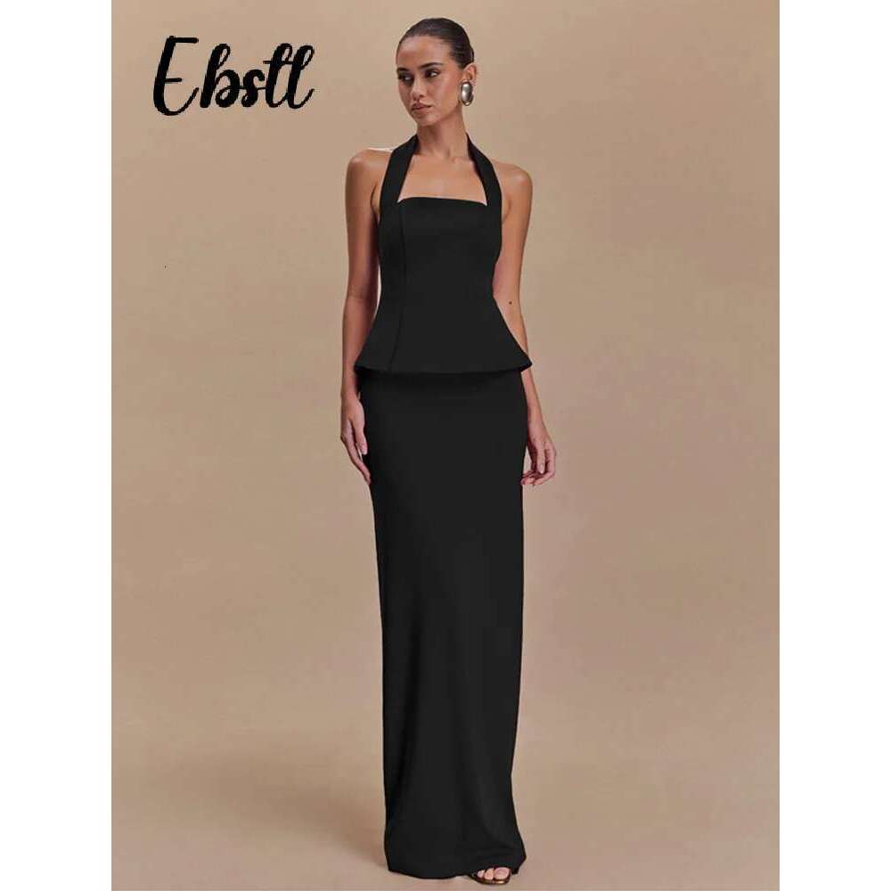 Elegant Halter Top Skirts Set Women Solid Backless Sleeveless Crop Tops Split Long Skirt 2025 Spring Summer New Ladies Outfits
