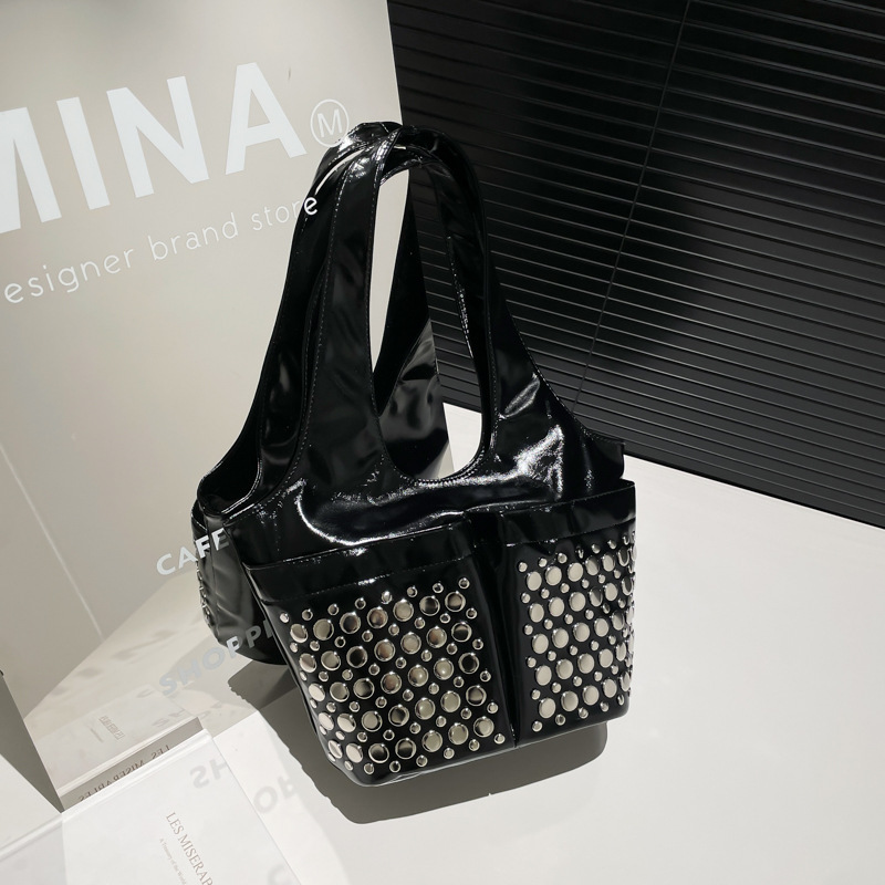 2025 Rivet Women's Fashion Shoulder Water Bucket Underarm Bag PU Leather Handbag