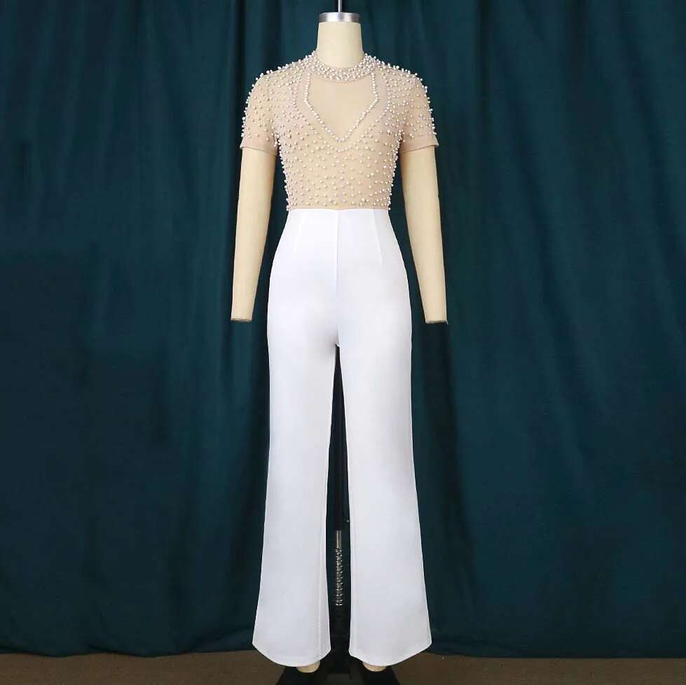 Elegant Jumpsuits & Rompers For Women O Nec Short Sleeve Beaded High Waisted Female Birthday Dinner Party Overalls Outfit