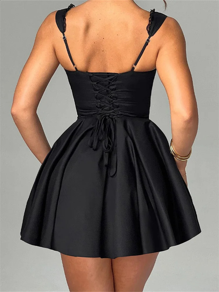 CHRONSTYLE Elegant Women Short Mini A-Line Dress Deep V Neck Backless Ruffles Hem Sleeveless Dress for Party Club Vestidos 250519