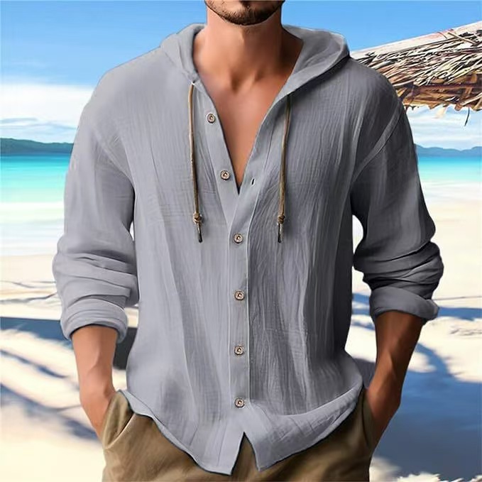 2025 New Spring Summer Men's Hooded T-Shirt Pure Color Cotton Linen Men's Casual Long-Sleeved Top