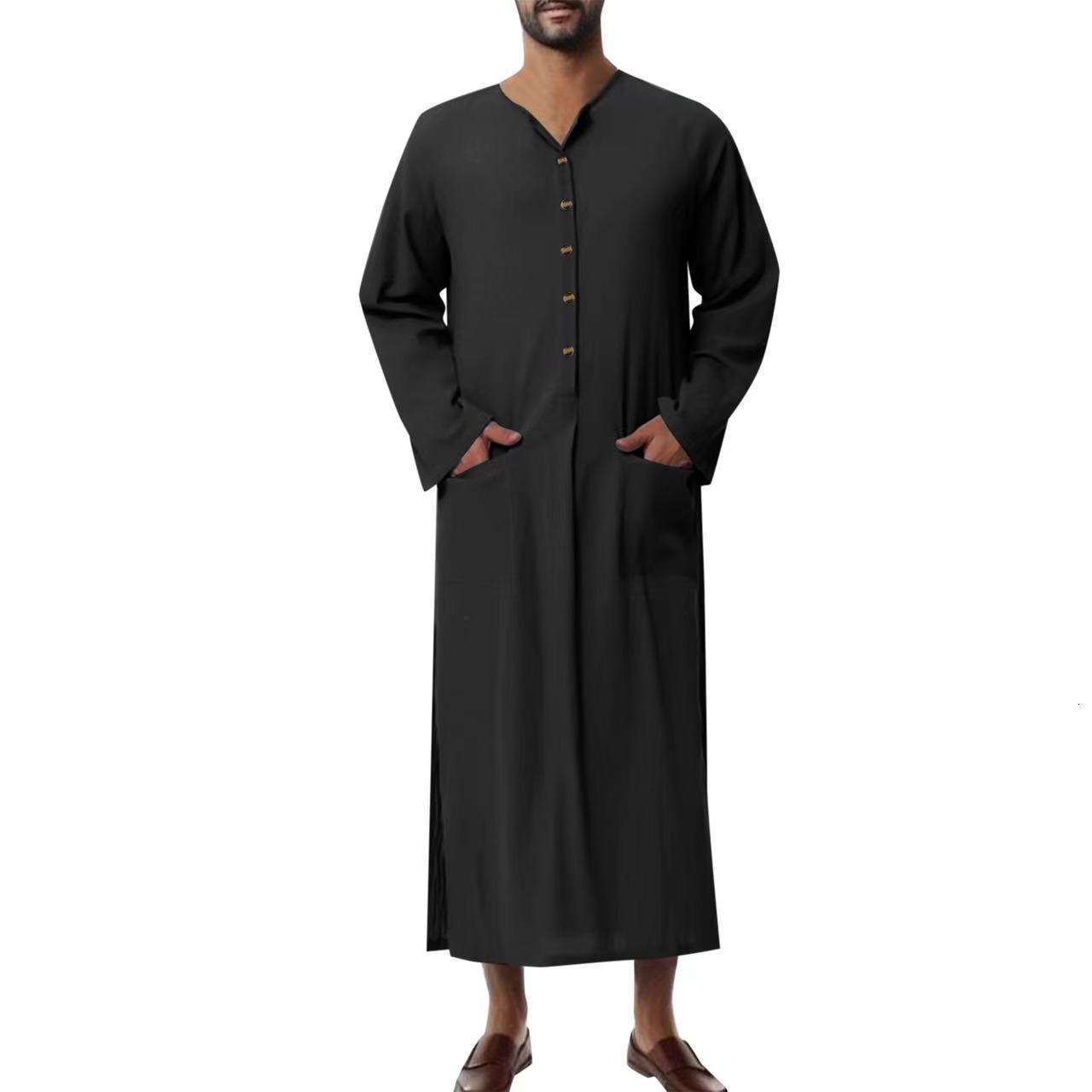 Male 2025 New Designer Clothing Muslim Arab Malaysian Casual Button Solid Color Long Sleeved Pocket Loose Robe