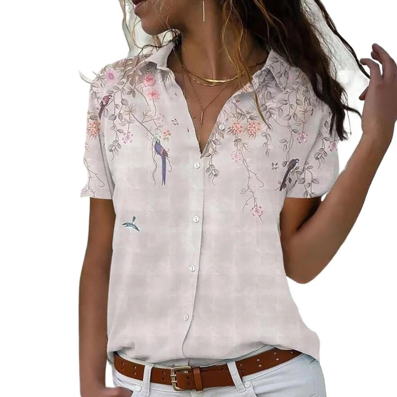 Summer Short Sleeve Women Shirt 2025 Printed Office Fashion Lapel Casual Simple Blouse Elegant Loose Blusas Mujer Tops 250514