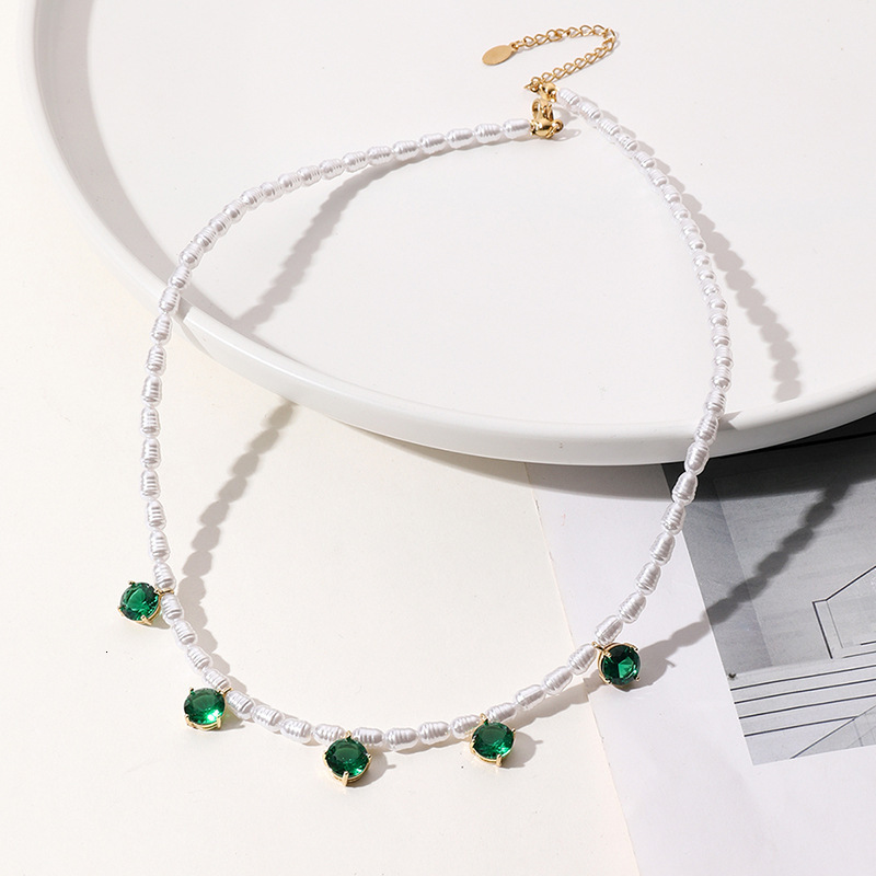 Cold style natural stone necklace, French pearl studded collarbone chain, sweater chain