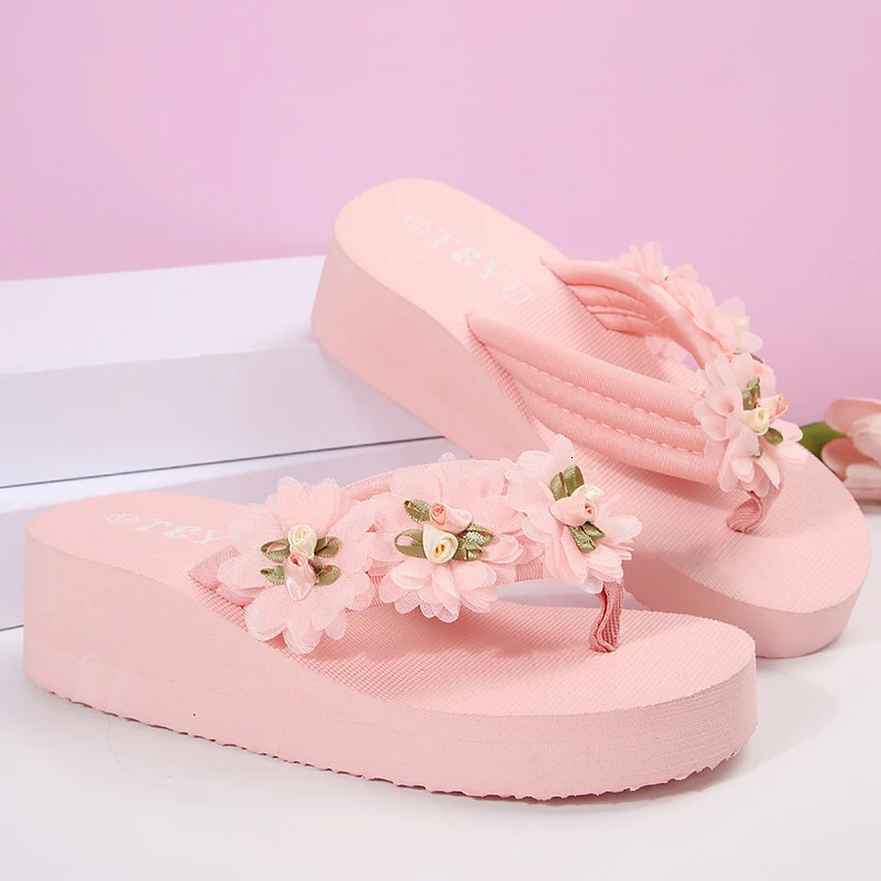 Fashion Flower Decor Wedge Flip Flops Woman Lightweight EVA Platform Slippers Woman 2025 Summer Thick Sole Beach Slides Sandals 250519