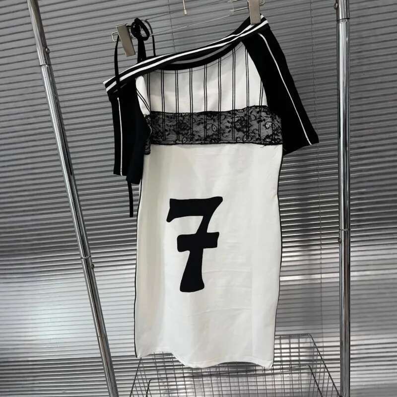 Fashion Women's Sports Style Lace Patchwork Letter Contrast Color Short Sleeves Dress Female New Items 11A03857