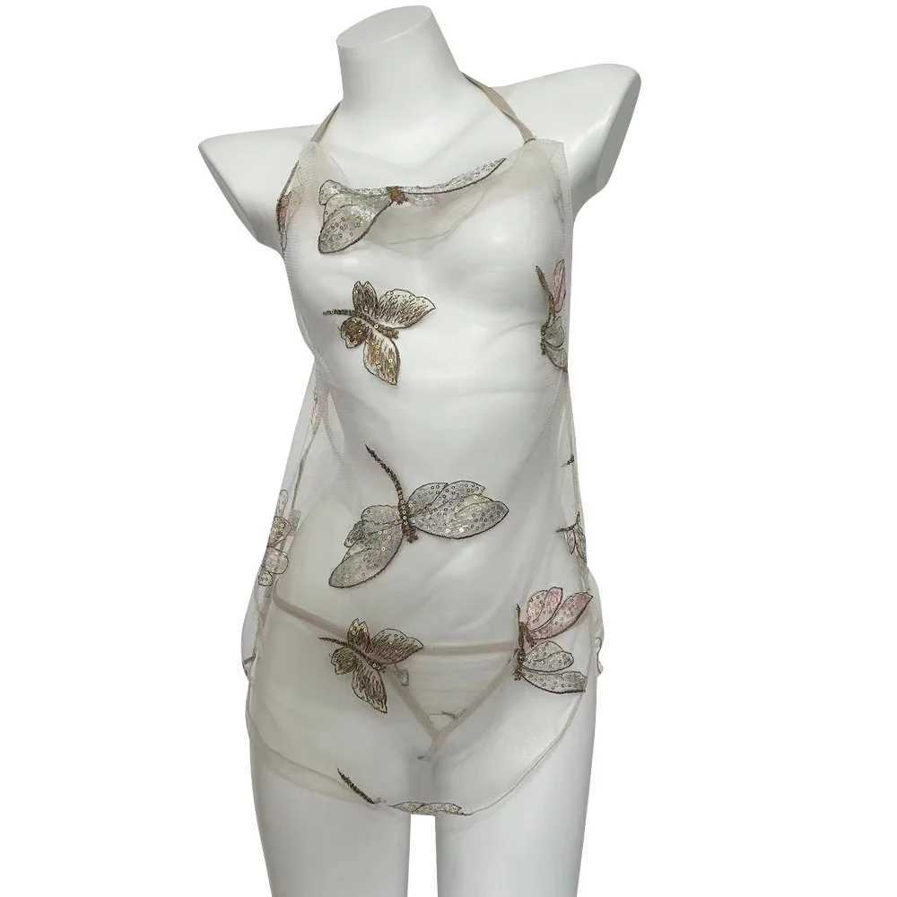 Sexy lingerie Perspective Neck Hanging Temptation Lace Dragonfly Embroidery Short Skirt lingerie to catch costume R250520