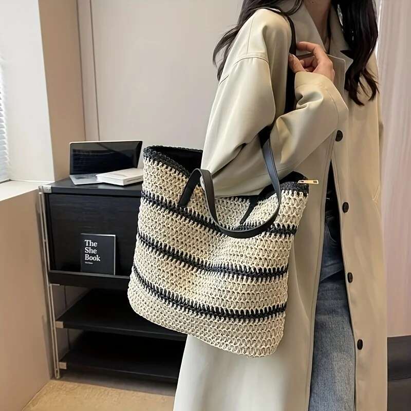 Large Boho Chic Striped Woven Tote Bag, Spacious Shoulder & Shopping For Women With Black And White Design, Beach Bag