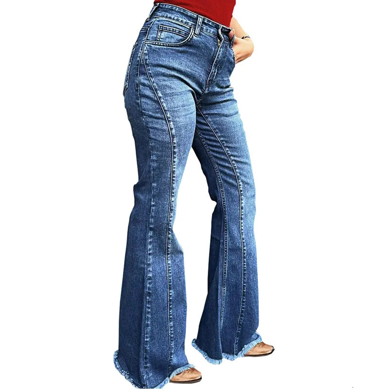 Huangs Stylish High Waist Flare Bell Bottom Jeans Curvy Seam Details Raw Hem Loose Fit Ladies Pants Western Womens Trouser T39 250520