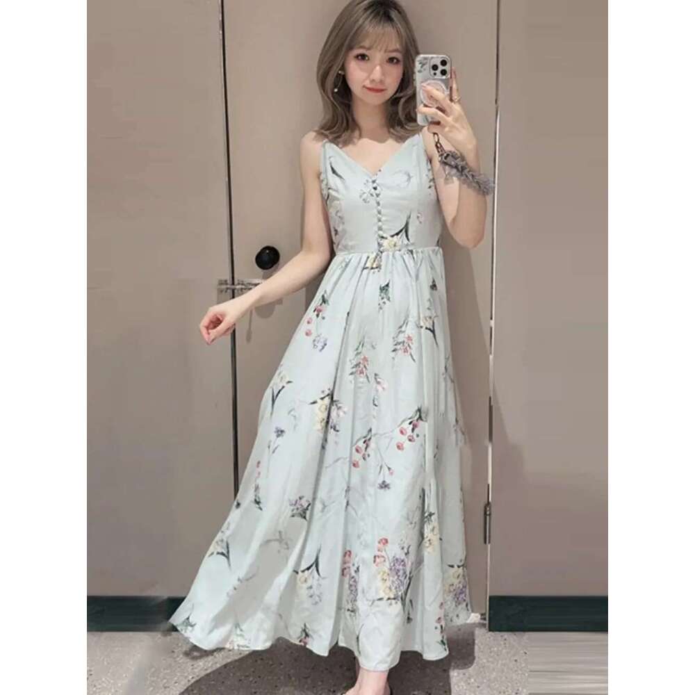 Kuzuwata Sweet Print V Neck Slim Waist Sling Robe High Street Fresh Mid-Length Big Swing Vestido Japan Pullover Ruched Dresses Designer