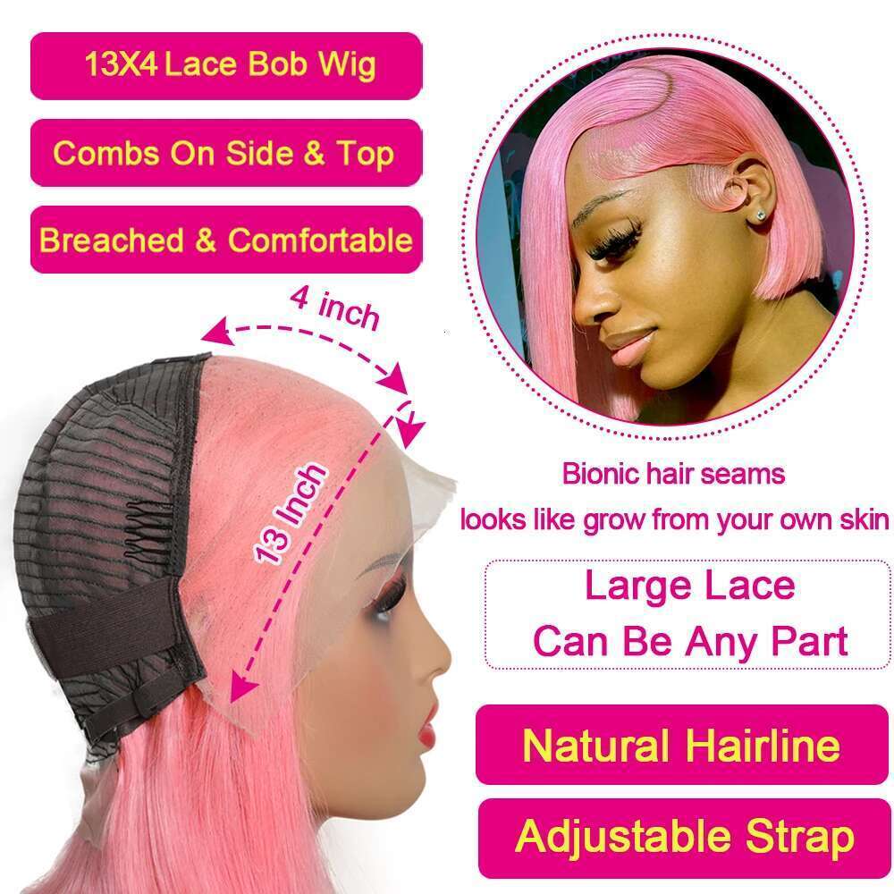 Pink Wig 180% Denity 13X4 Lace Frontal Pre Plucked Brazilian Remy Short Bob Human Hair Wigs