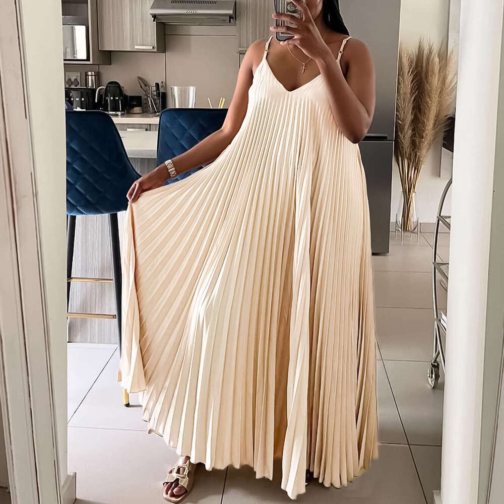 Women's Wear Women's New Summer Vacation Style Pleated V-Neck Beach Strap Long Dress