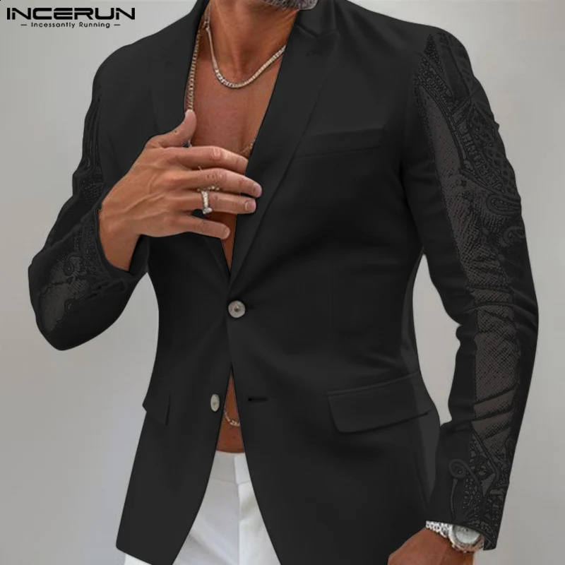Fashion Casual Style Tops INCERUN Mens Perspective Lace Splicing Suit Coats Male Solid Long Sleeved Blazer S-5XL 250519