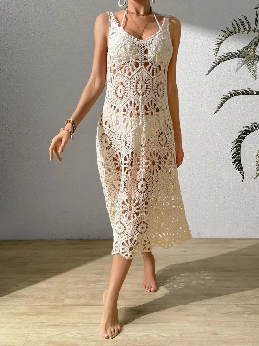 3D Flower Knitted Sling Long Dress Women Sexy Deep Vneck Backless Sleeveless Lace Up Femme Robes Summer Beach Dresses 250520