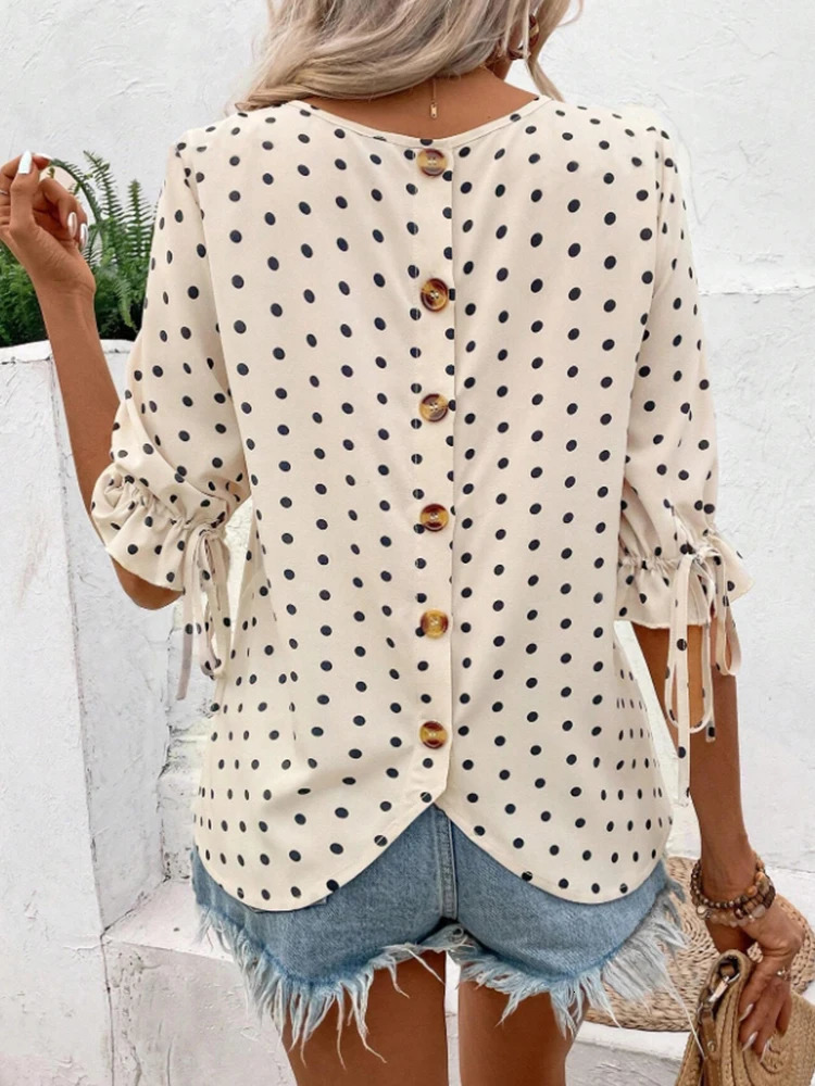 Womens Polka Dot Print Round Neck Sleeveless Shirt Spring Summer n with Buttons and Drawstring Cuffs 250514