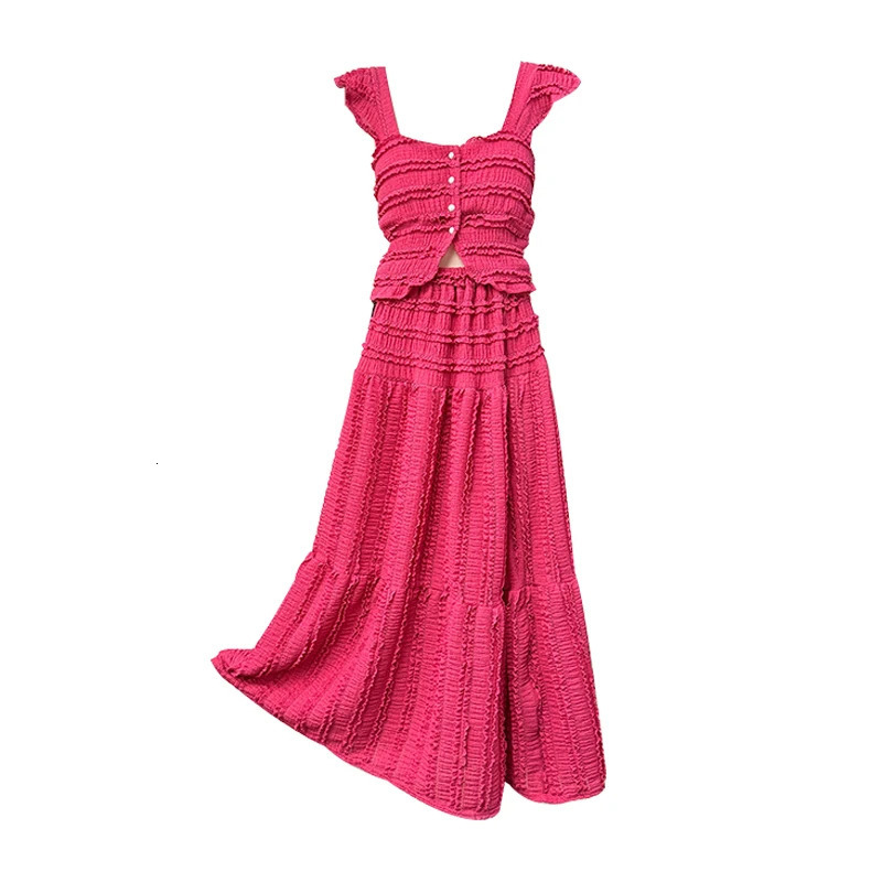 Summer Women Single Breasted Mini Camisole Elastic Waist A Line Long Skirt 2pcs Set Suits Beach Style 250520