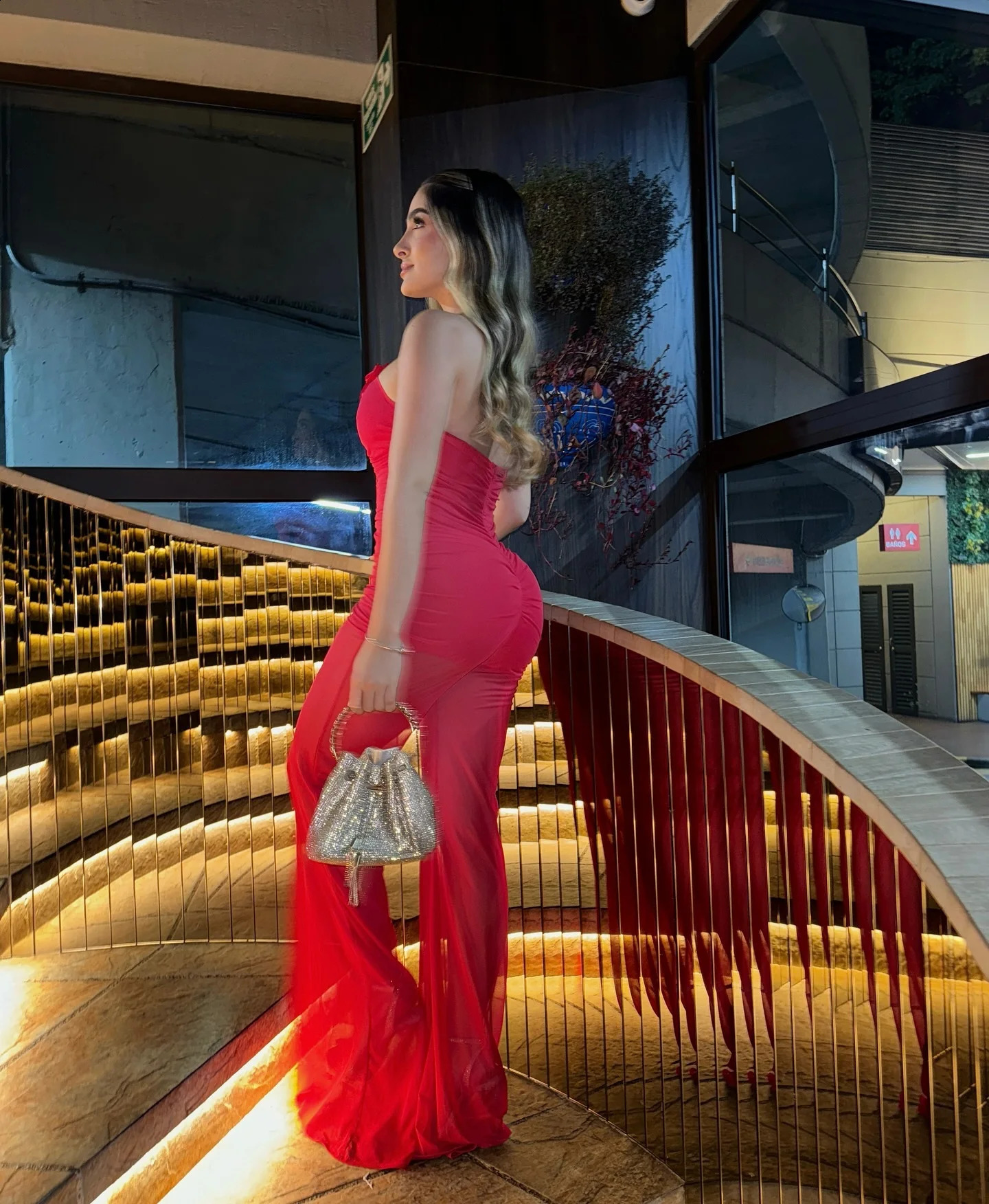 Red Khaki Color Women Sexy Strapless Mesh Florals Deep V-Neck Straight Long Jumpsuit Celebrate Nightclub Party Birthday Jumpsuit 250519