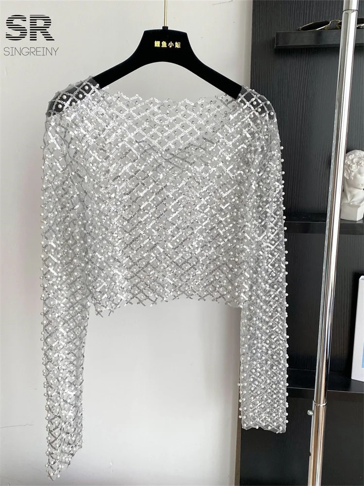 SINGREINY Sexy Pearl Beading Crop Tops Women O Neck Long Sleeves Sheer Shirts Fashion Streetwear Sequined Sunproof Blouses 250520