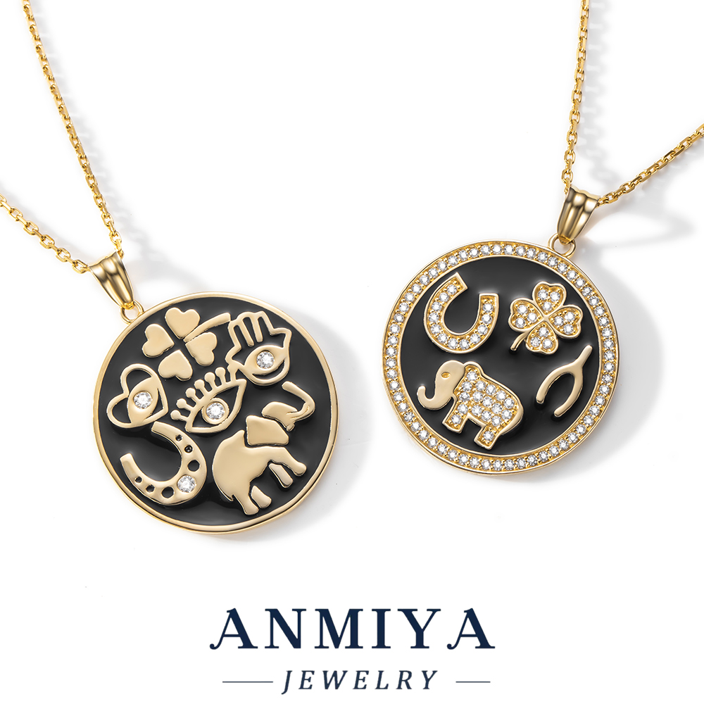 S925 Black Enamel Coin Pendant Necklace with Zircon Inlay, Blessing Pattern Jewelry, Gift Box Packaging