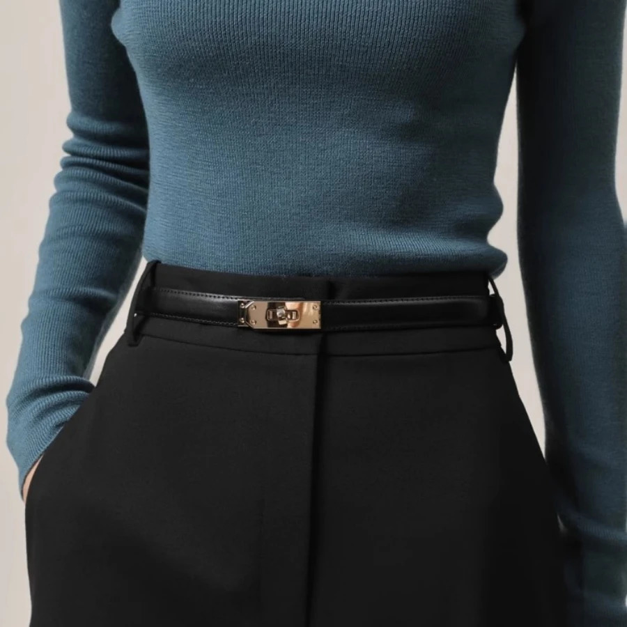 Adjustable Thin Genuine Leather Belt for Women Fashion Corset Style Metal Buckle Dress Casual Accessories 250517
