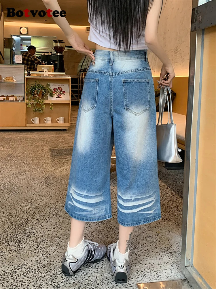 Botvotee Scratched Washed Calf Length Jean High Waisted Baggy Denim Pants Summer Y2k Fashion Causal Loose Oversized Jeans 250513