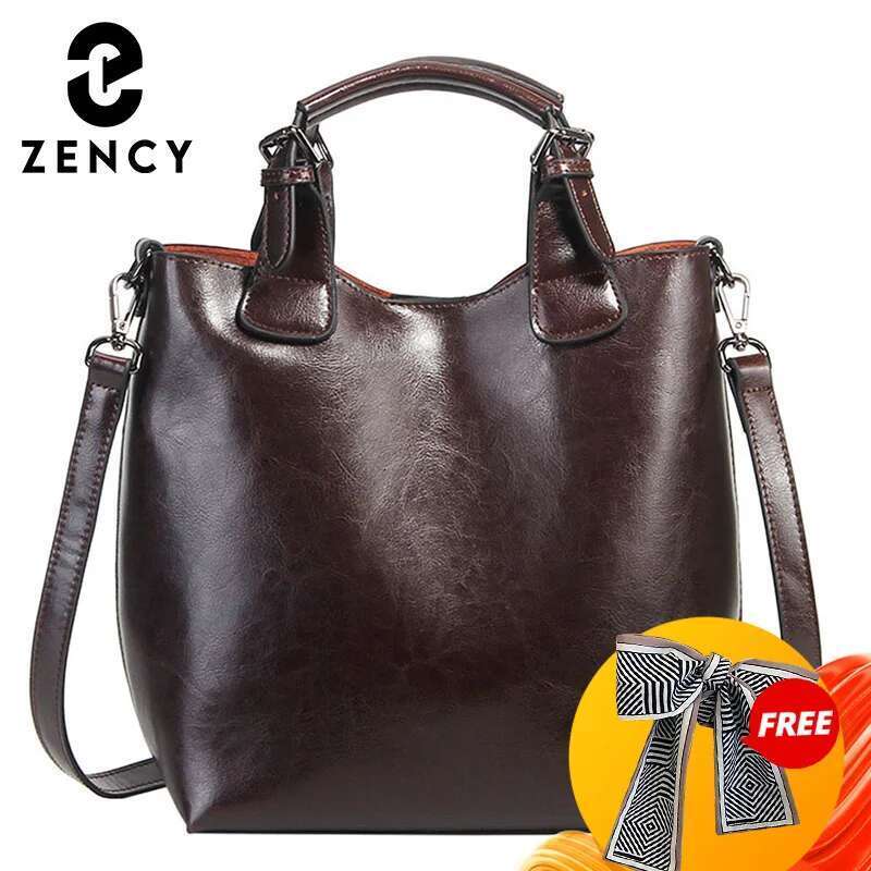 Zency 100% Genuine Leather Handbag Retro Coffee Women Casual Tote Bucket Bag Classic Black Lady Crossbody Messenger Purse Brown