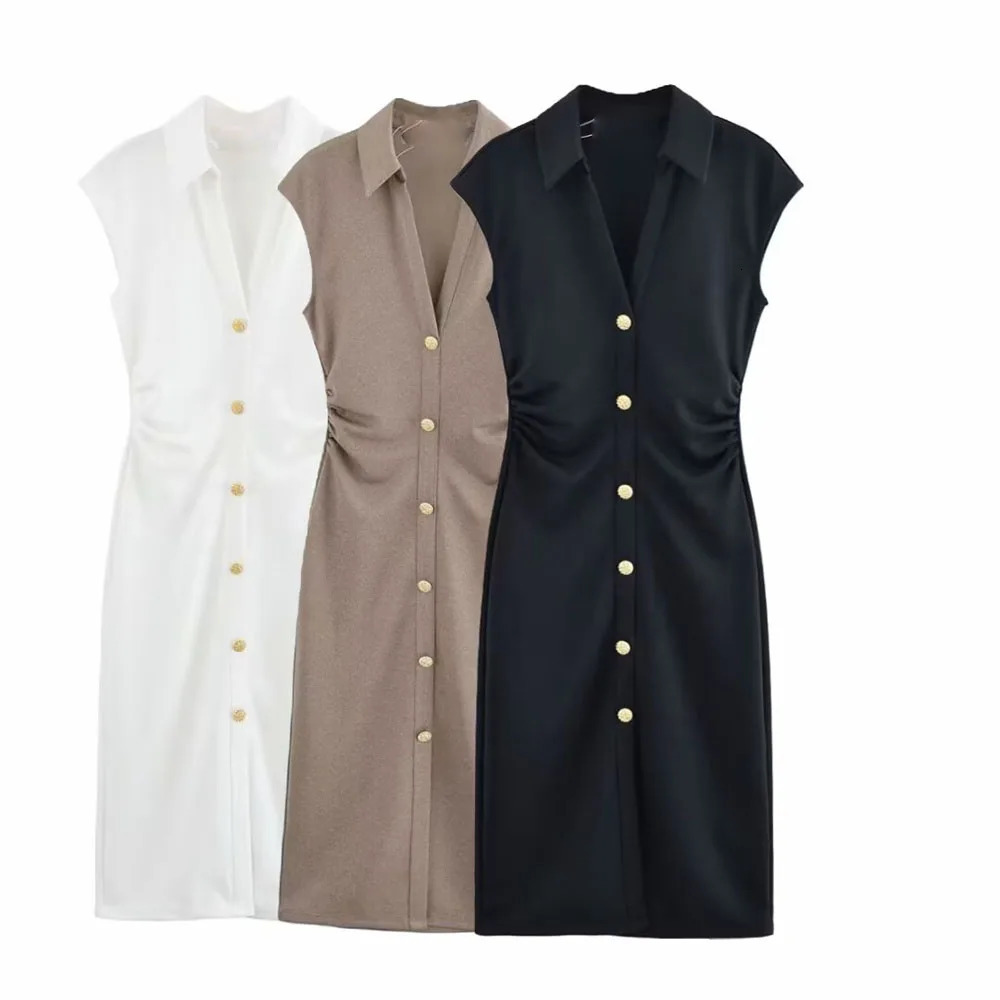 UNIZERA womens pleated slim fit pearl cloth shirt style short sleeved Vneck dress summer 250520