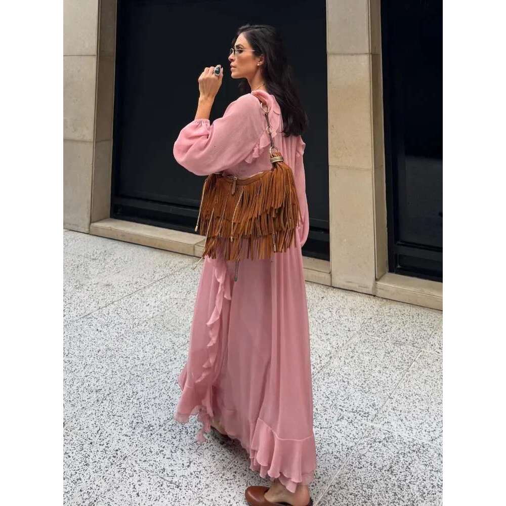 Elegant Solid Multiple Flounces Full Sleeve Robes Chic Loose V Neck Lace Up Pleated Dresses New Lady Summer Party Club Gown 2025 Designer