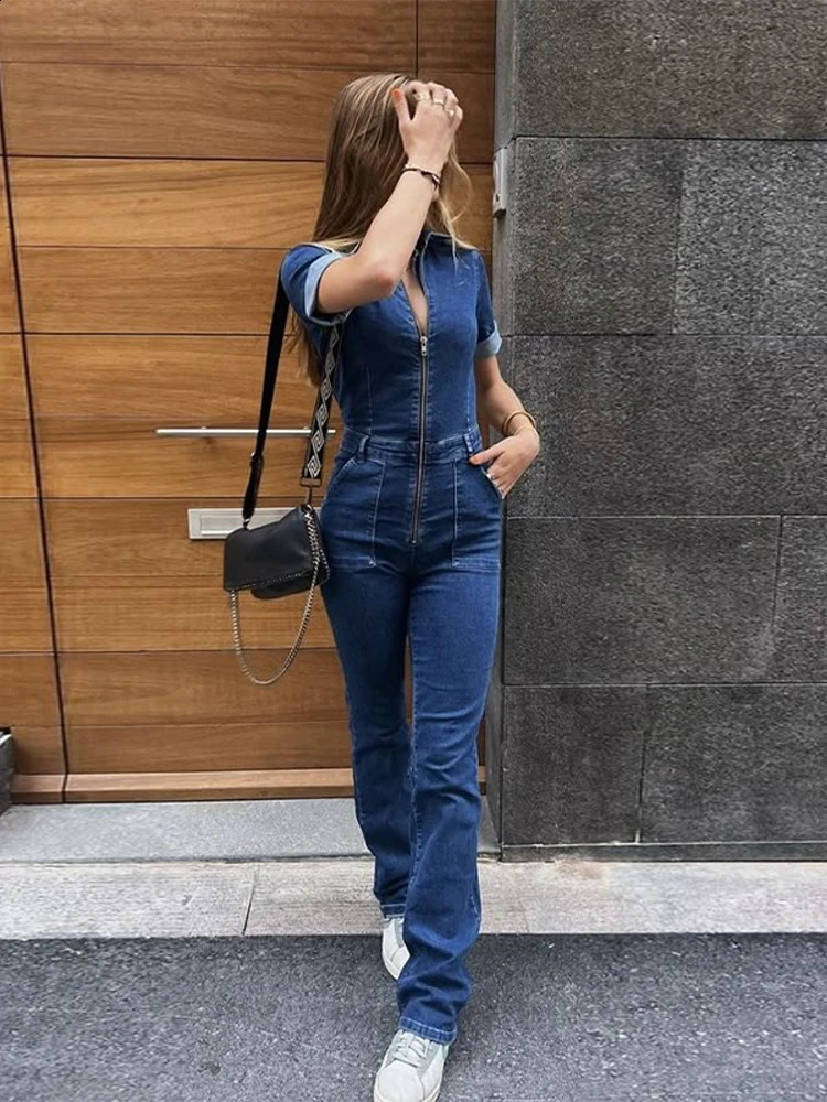 Women Slim Cinching Denim Jumpsuit Lapel Zipper Short Sleeves High Waist Straight Wide Leg Jeans Jumpsuit Summer High Street 250519