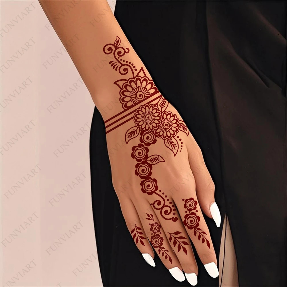 9pcs/pack Brown Henna Tattoo Stickers for Hand Maroon Henna Temporary Tattoos Flower Fake Tattoo for Women Festival Body Art 250515
