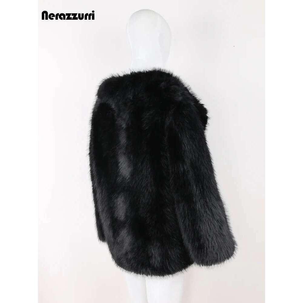Nerazzurri Autumn Winter Black Thick Warm Hairy Shaggy Soft Faux Fox Fur Coat Women Long Sleeve Loose Casual Fluffy Jacket 2024