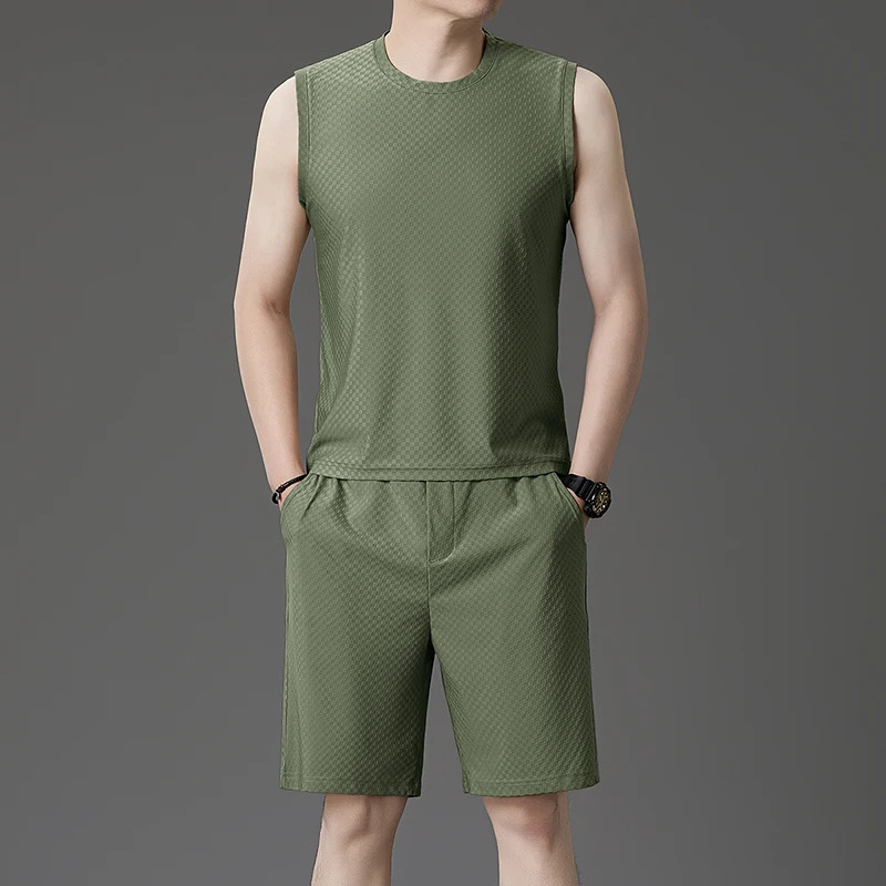 Mens Casual Business Loose and Comfortable Ice Silk Quick-drying Vest Two-piece Set Breathable T-shirt Shorts Sports Casual 250519
