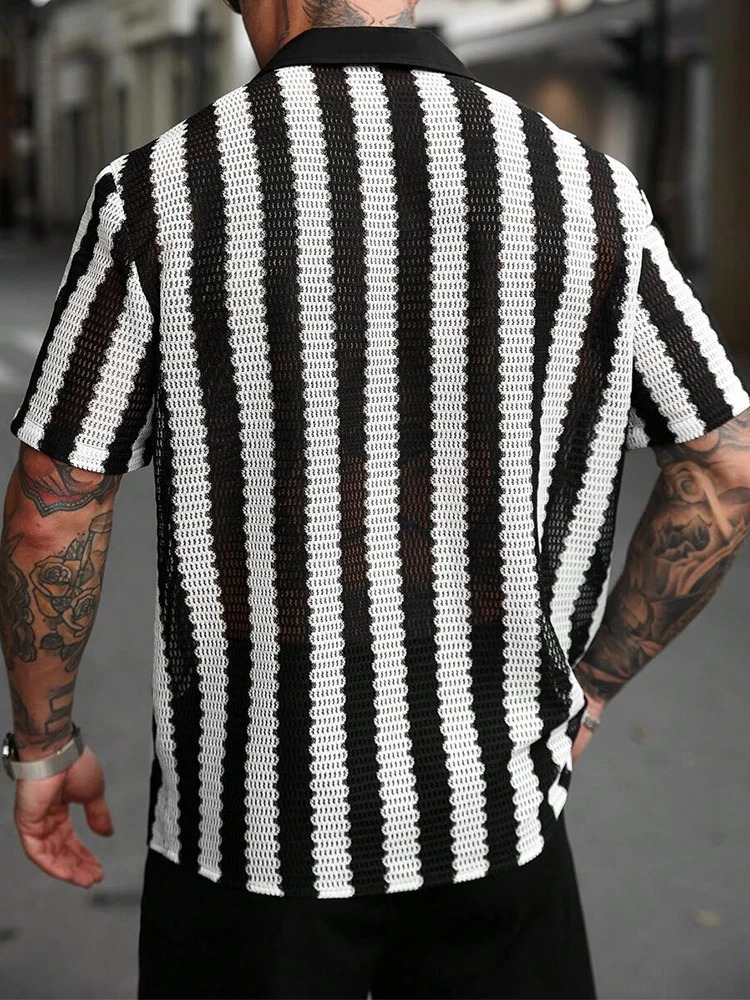 Trendy Mens Knitted Shirts Summer Casual Hollow Out Breathable Cardigans Men Beach Fashion Short Sleeve Striped Knit Shirt 250520