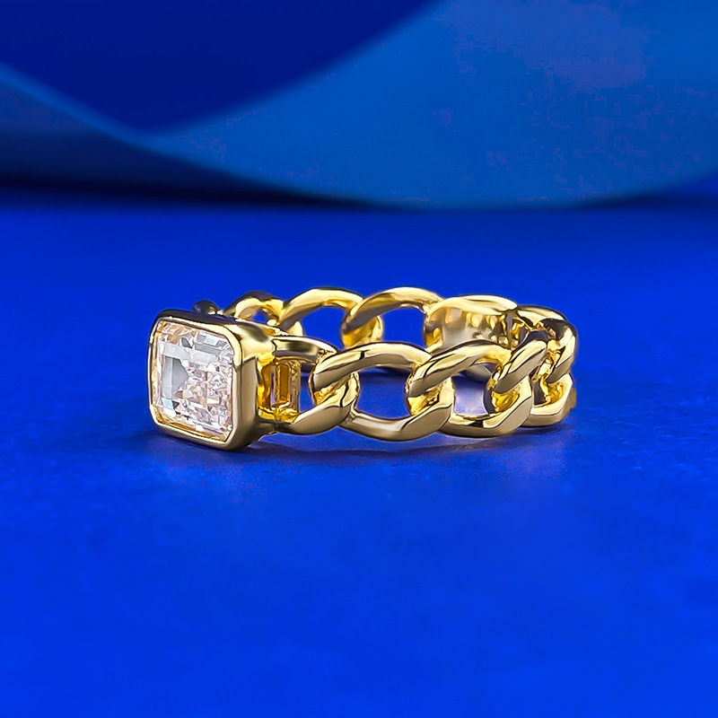S925 Sterling Silver 5x7 Rectangular Cubic Zirconia Cuban Link Chain Gold Ring, Unique Hollow Design