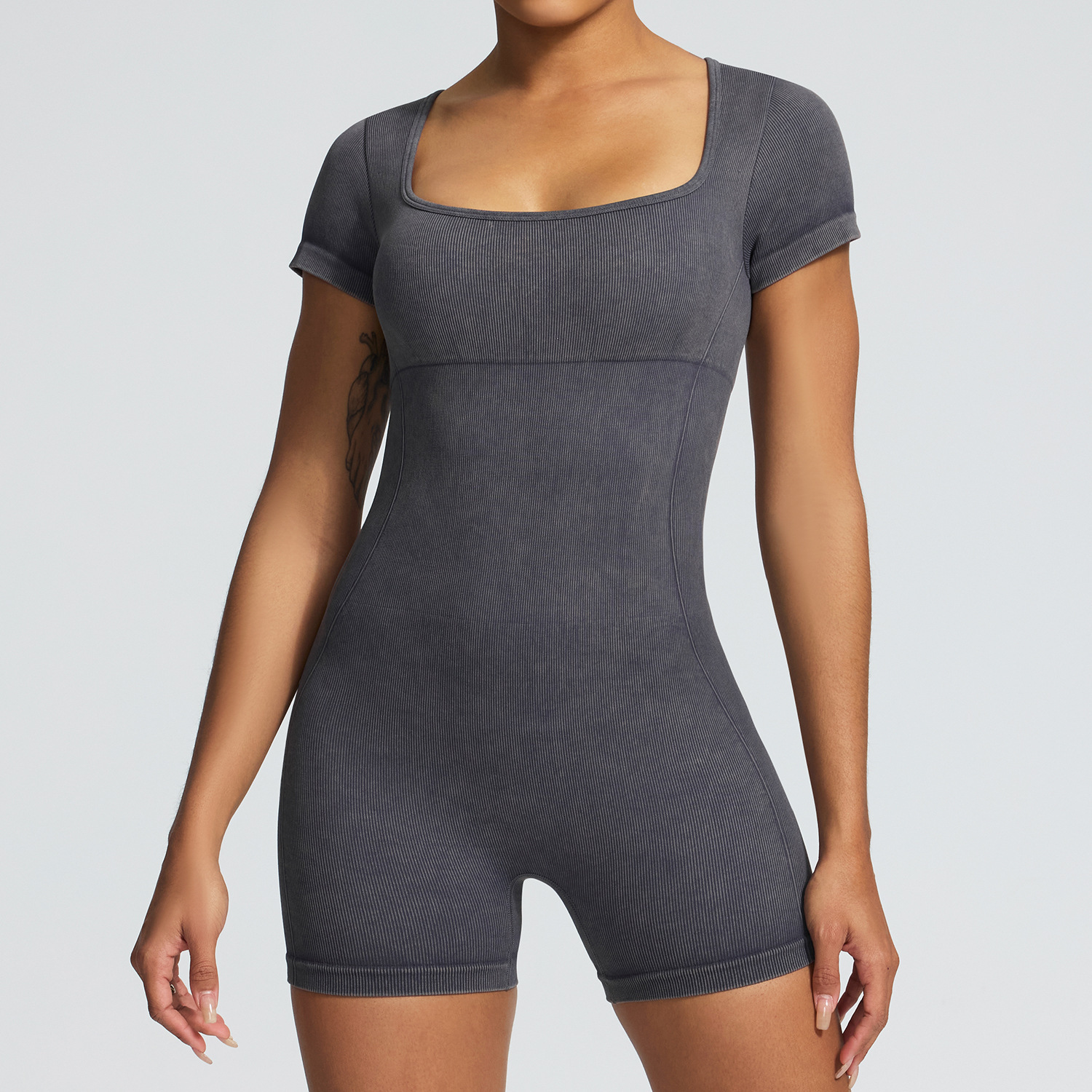 Summer seamless sand washed short sleeved yoga for women's fitness, tight fitting abdominal contraction, dance sports jumpsuit
