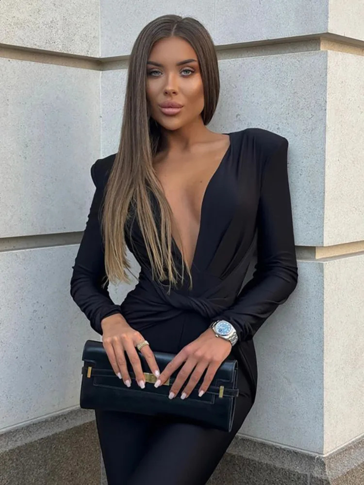 Mozision Deep V Neck Long Sleeve Skinny Jumpsuits Women Rompers Elegant Black High Waist Ruched Slim Sexy Jumpsuit Outfits 250519