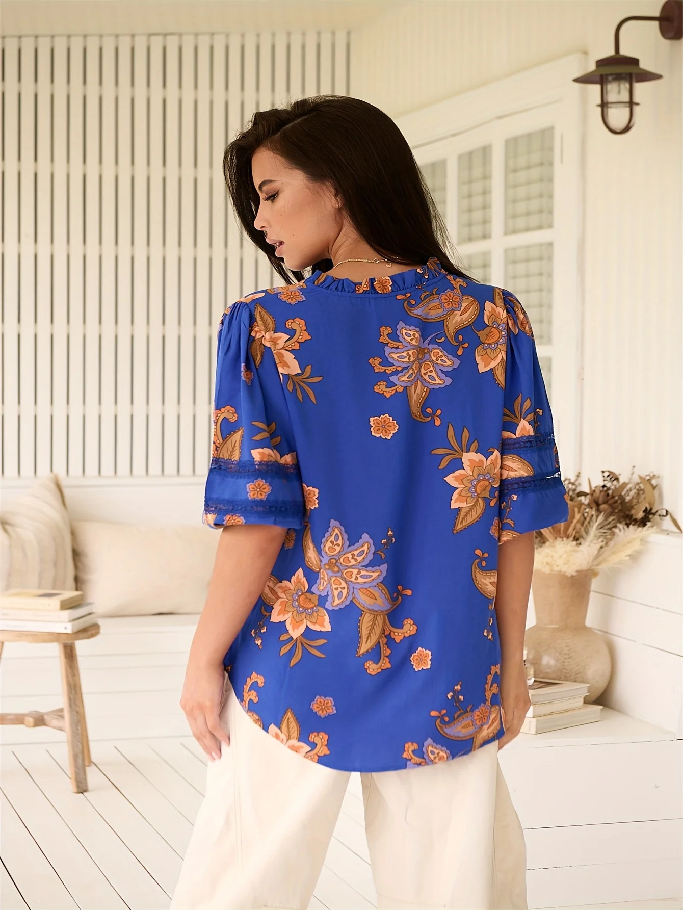 Plus Size Womens Elegant Loose Flared Half Sleeve Shirt Vivid Blue Floral Print Ruffle Cuffs Perfect for Beach Casual Wear 250514