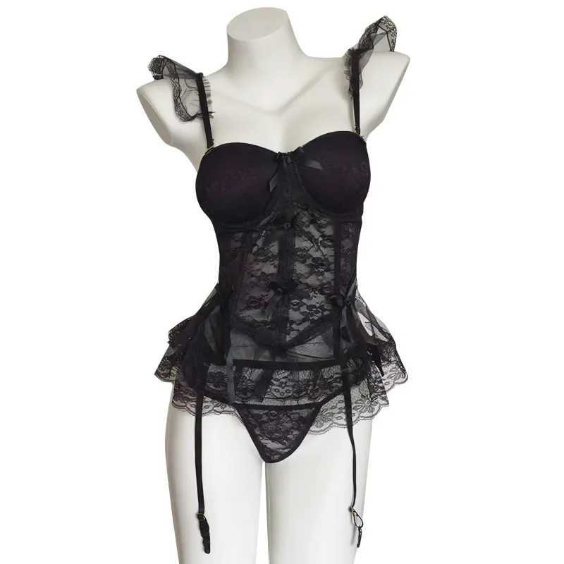 Porno Lingerie Lace Sexy Mesh Steel Ring Bra Vest Skirt Hollow Backless Set Temptation Slim Sling Skirt Couples Sex Homewear R250520