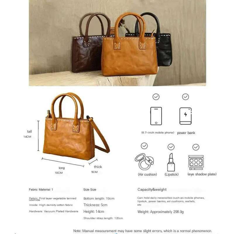 Planted tanned cowhide vintage hand grip pattern square shoulder crossbody phone bag, leather handbag, small tot