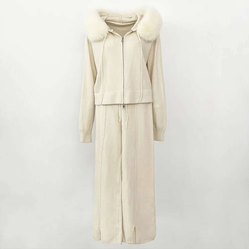 OFTBUY Knitwear Trousers Hooded Jacket With Detachable Fox Collar Fur Coat 2024 Autumn Winter Fashionable Sweater Suit Women