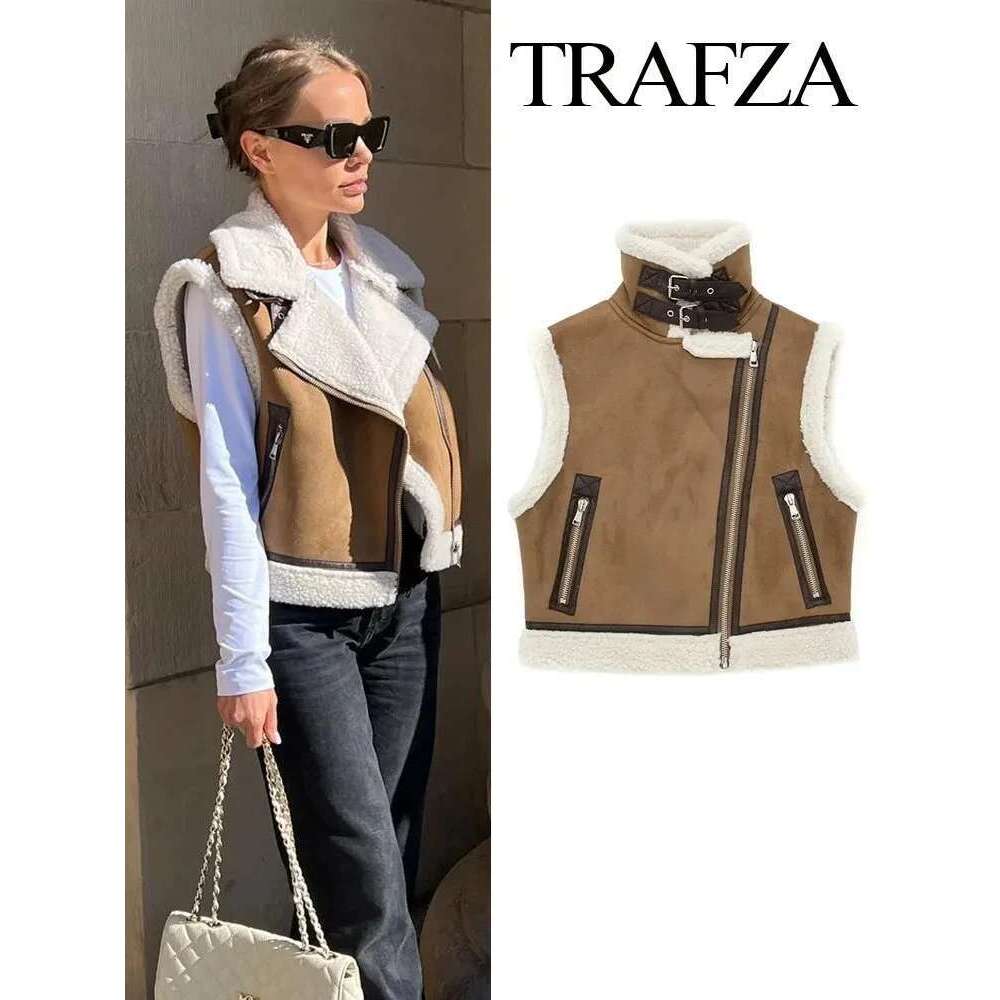 TRAFZA 2024 Winter Fashion Thickened Warm Zipper Jacket Imitation Leather Lamb Wool Patchwork Women's Slim Vest Y2k Designer